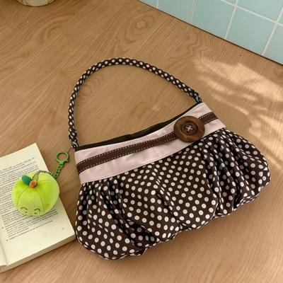 Vintage Polka Dot Shoulder Bag Women Button Decor Ruched Crossbody Handbag Casual Minimalist Underarm Tote Bag Commute Shopping