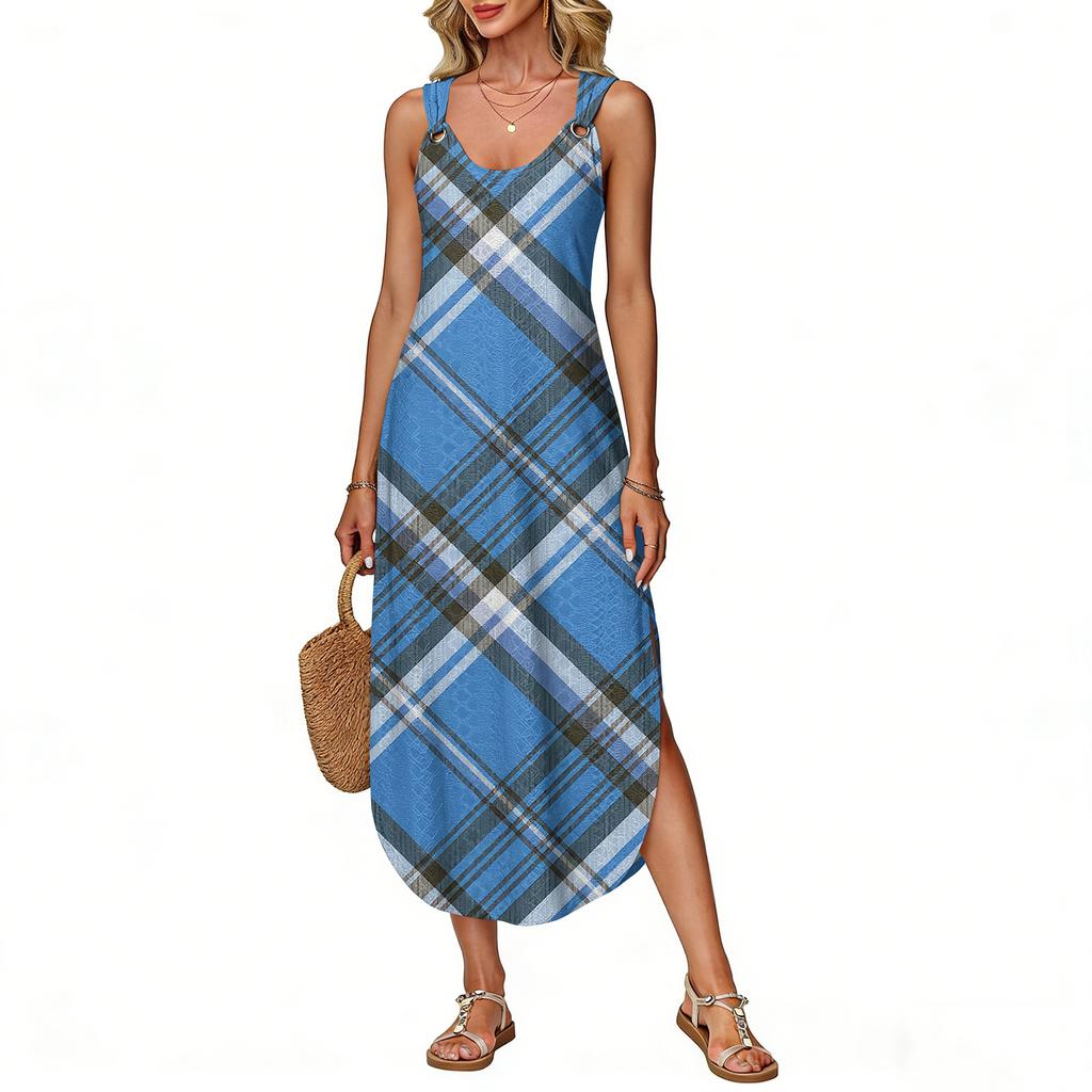 Women's Summer Long Dress, Sleeveless with Side Slits, Long Plaid Printed Vest Dress
