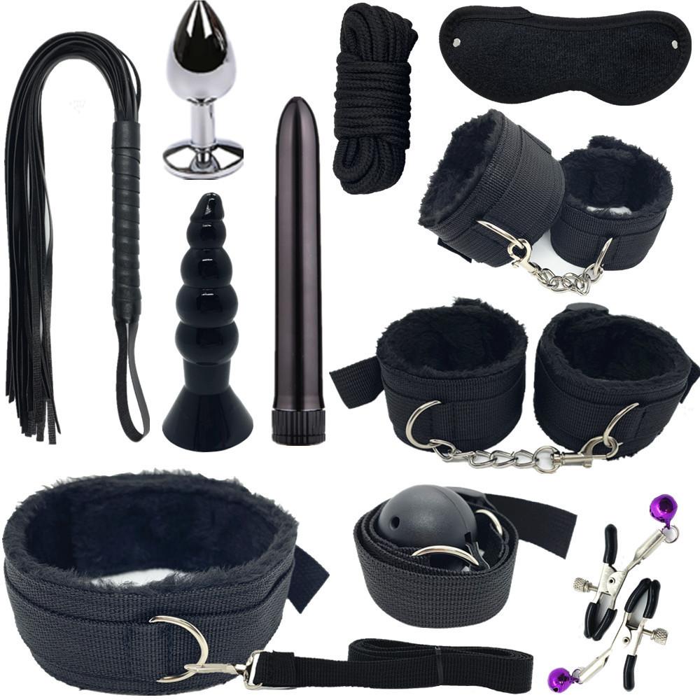 Sexy Nylon BDSM Kit Plush Sex Bondage Set Handcuffs Sex Game Whip Gag Nipple Clip Sex Toy