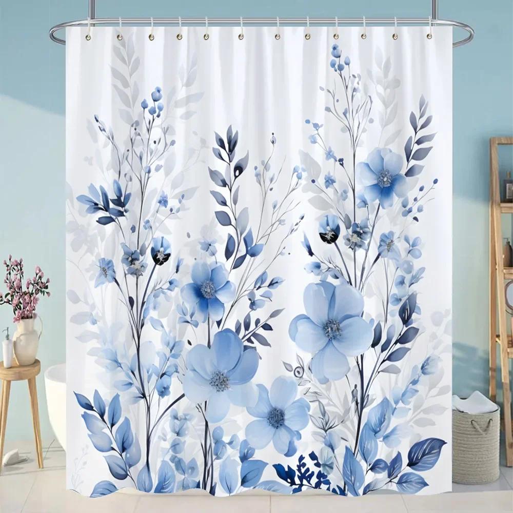 Botanical Flower Shower Curtain Colourful Flowers Green Leaves Watercolour Art Creative Polyester Shower Curtains Bathroom Decor