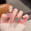 Handmade Press On Nail French Sparkling Glass Bead Cat Eye Magic Mirror Colored Diamond Short Oval Fake Nail Patch Artificial Nail Reusable