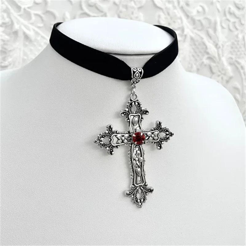 Black Velvet Cross Bead Choker Necklace Gothic Punk Jewelry for Women Halloween Statement Piece