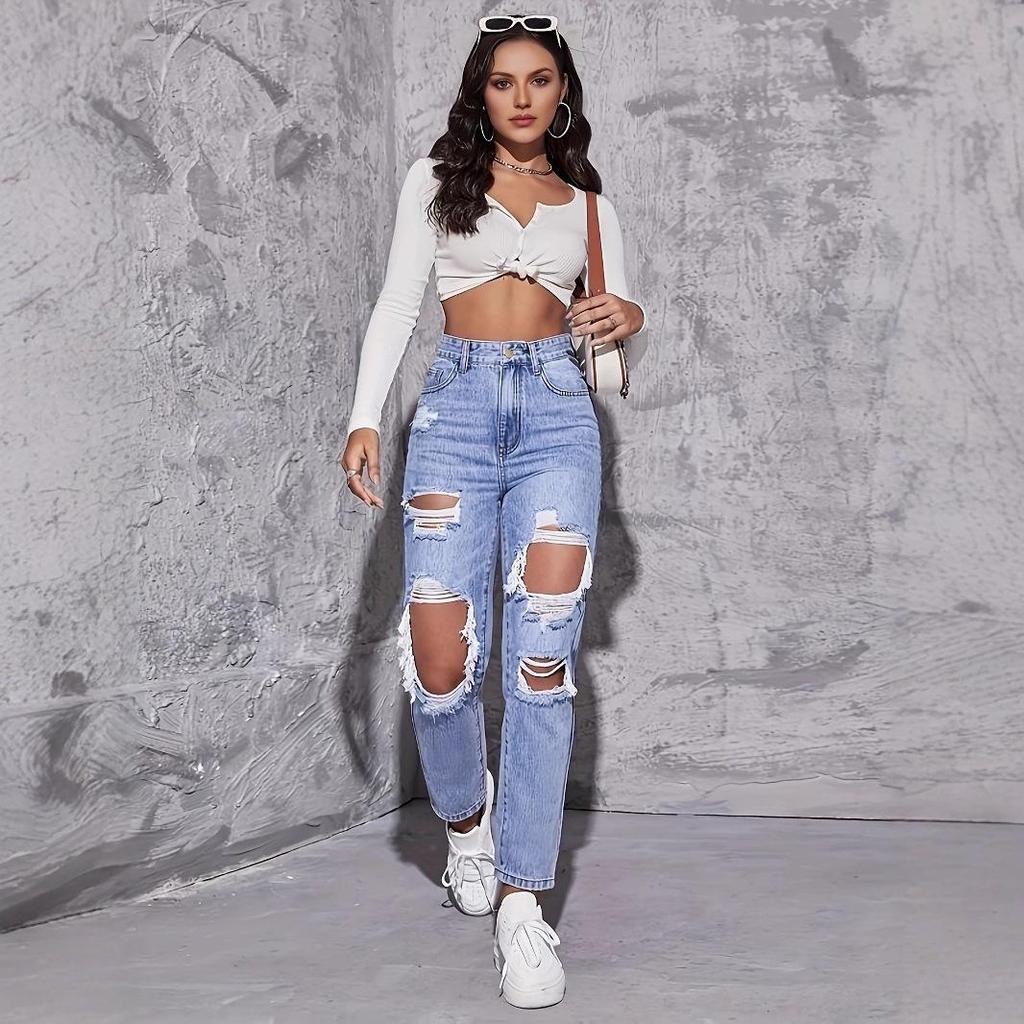 High-Waisted Ripped Denim Jeans