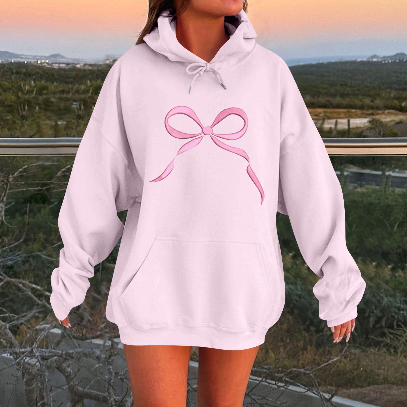 Ladies Spring Bow Printed Pullover Hooded Sweatshirt Fleece Long Sleeve Sweatshirt S
