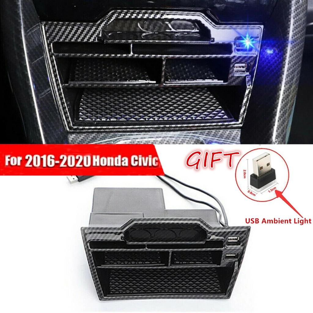 For 2016- Honda Civic Car Accessories Interior Carbon Fiber Console Storage Box With USB Port