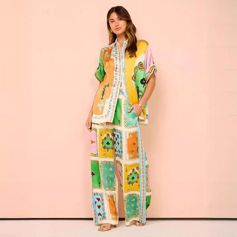 

Fashion Two-piece Set Two-Piece Set Fashion Stylish Print Short Sleeve Color Matching Travel Outfit Tether Suit Flower color S