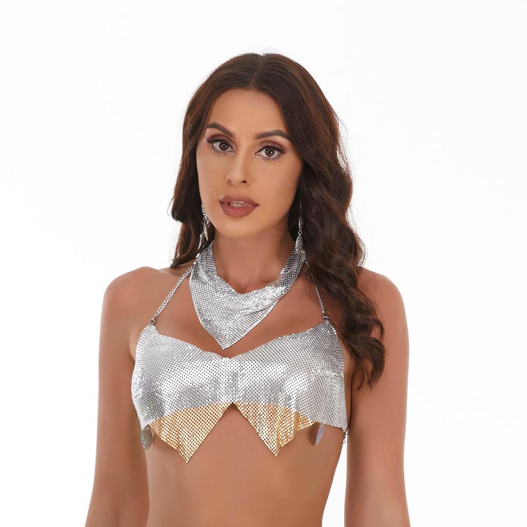 Europäischer & Amerikanischer Pailletten Seiden Dreiecksschal Halskette: Übertriebener Metall-Schlüsselbein-Choker für Damen