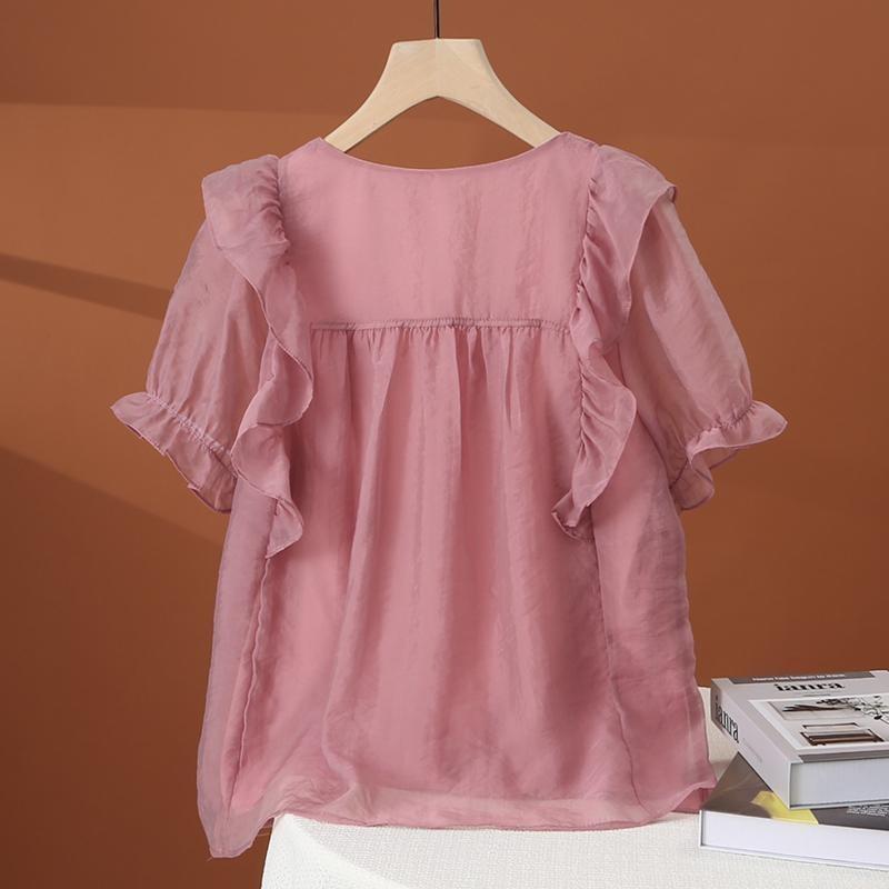 Elegant and Fashionable Lace Hem Chiffon Short Sleeve Blouse with Square Neck for Women's Summer Top