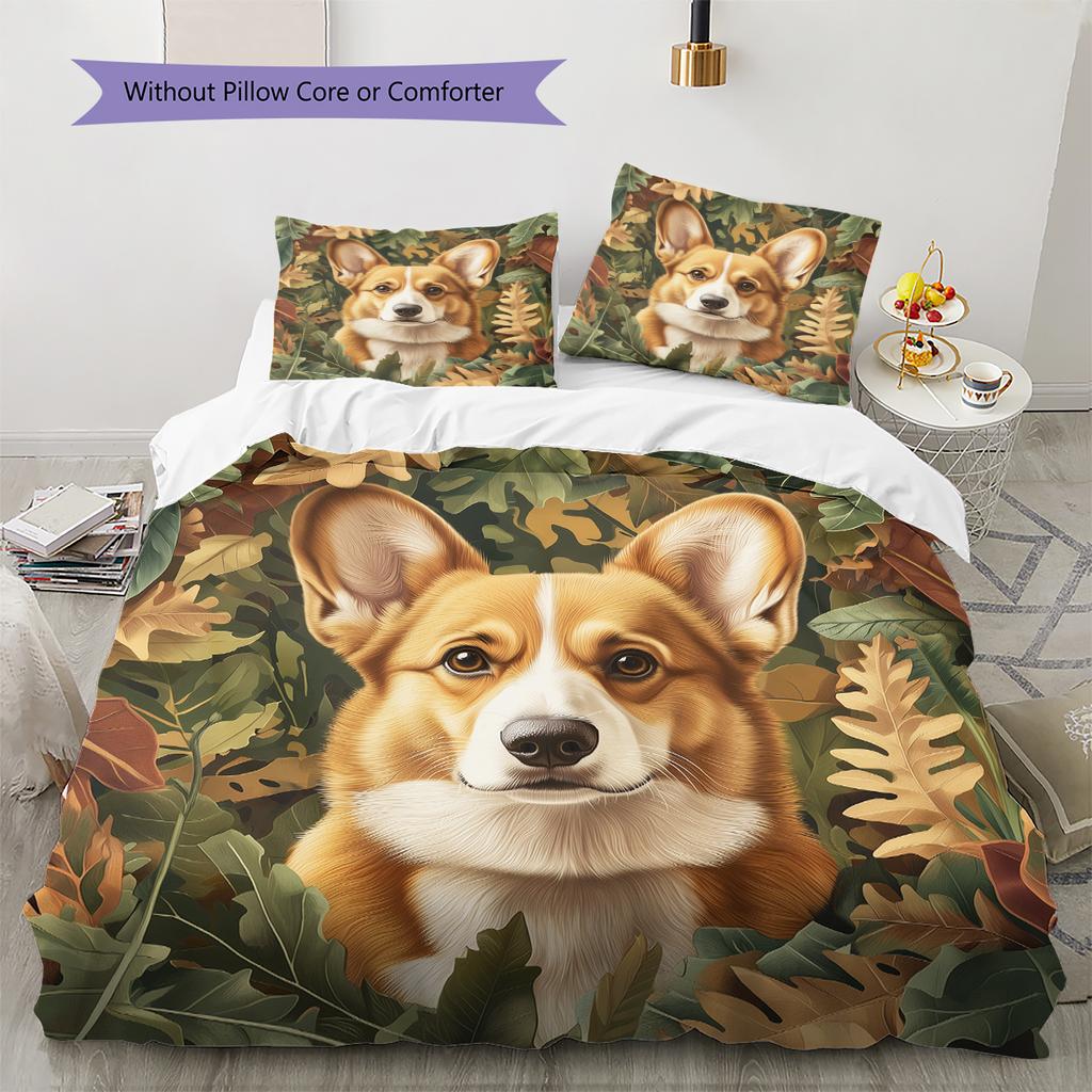 Corgi und Pflanzen Muster Bettwäsche Heimdekoration Geburtstagsgeschenk (1 Bettbezug + 2 Kissenbezüge, ohne Füllung)