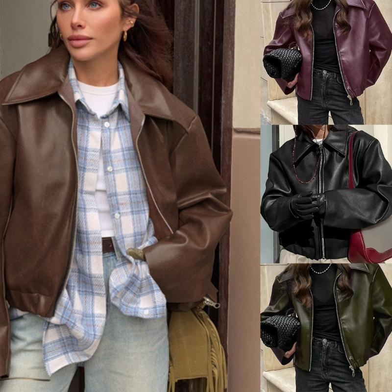 Cropped Jackets Faux Leather Jackets Casual Zip Up Motos Bike Coat Outwear Motorcycle Short Coat Fall Clothes