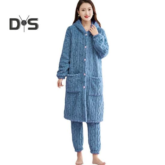 

Комплект из 2 предметов: женский зимний халат и брюки, толстый флис, сохраняющий тепло, однобортный халат с капюшоном и карманами, свободная домашняя одежда, брюки, одежда для сна, пижама M синий