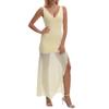 Curvphilo Deep V Neck Sleeveless Dress Mesh Ruffle Bodycon Maxi Dress for Women Double Lined Cocktail Party Dress