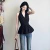 French Chic Black Polka Dot Halter V-neck Tank with a Camisole for Women, a Uniquely Beautiful Short Sleeveless Top Worn for Summer Outerwear