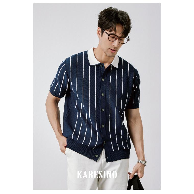 Casual Striped Polo Shirt for Men Summer Business Non-Iron Slim Fit Gentleman Thin Knitted Striped Short Sleeve T-Shirt