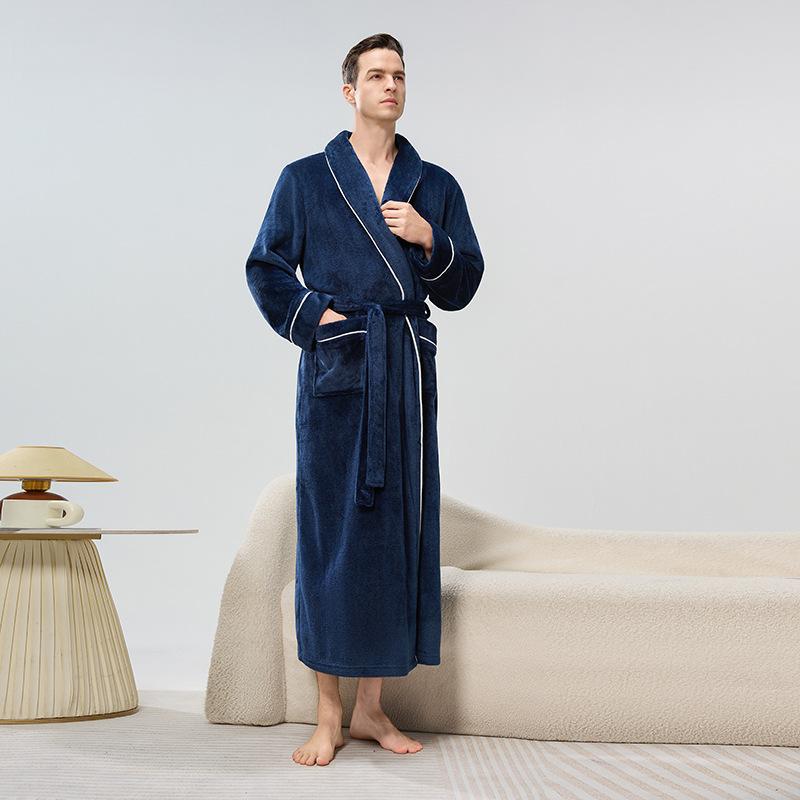 Men's Shawl Collar Robes Full Length Fleece Plush Bathrobes Soft Spa House Coat with Pockets Fluffy Spa Robes Unisex Winter Cozy Warm Spa Long Robe