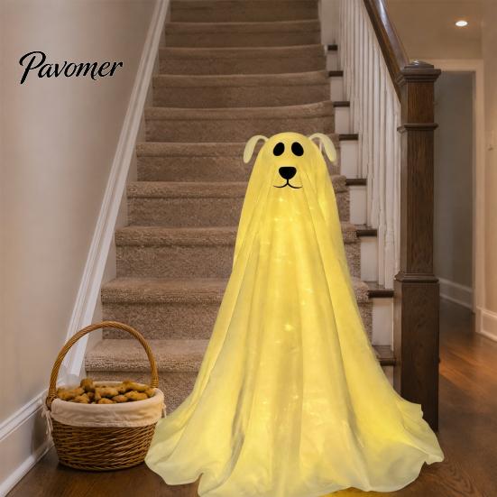 Chien fantôme lumineux pour patio, décoration d'Halloween éclairée, figurine autonome mignonne et effrayante à piles avec télécommande et guirlande lumineuse pour porte d'entrée,