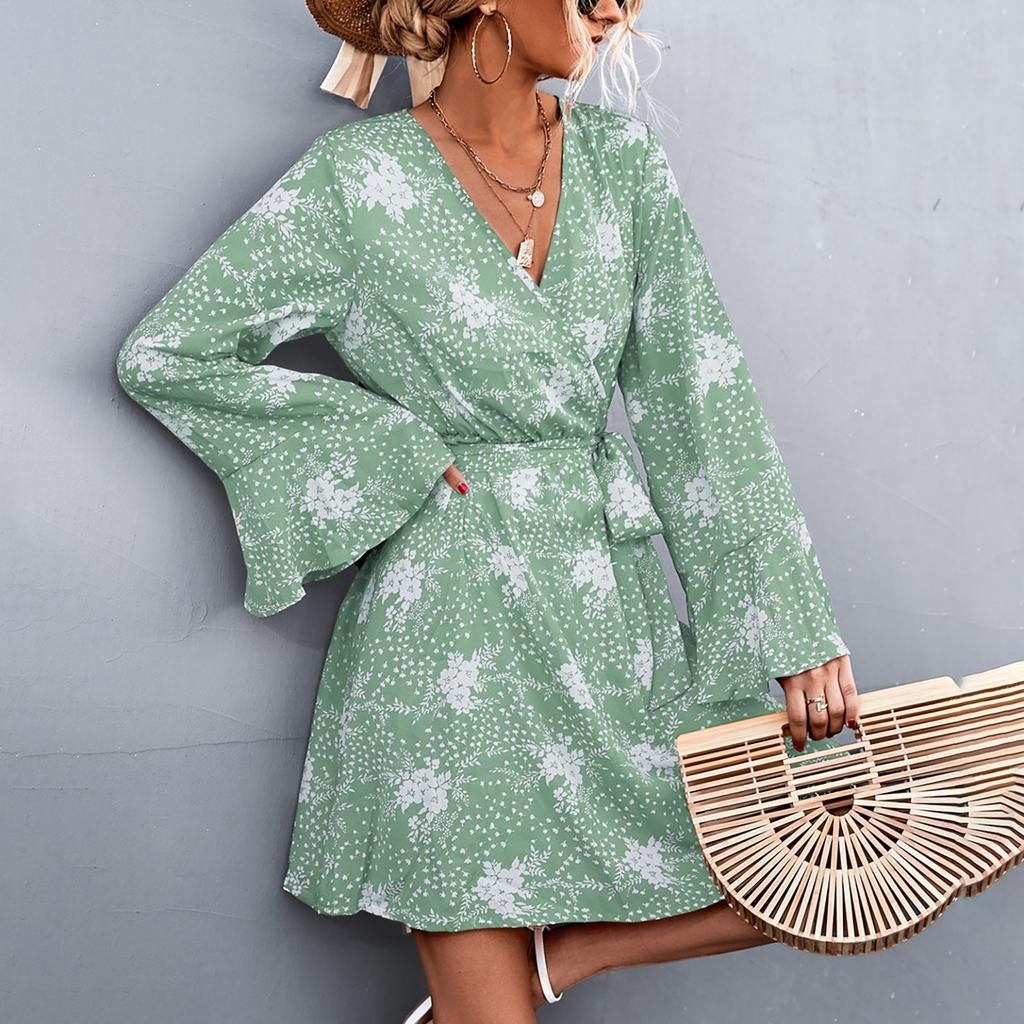 Women's Boho Print Lace-Up V-Neck Long Sleeve Dress