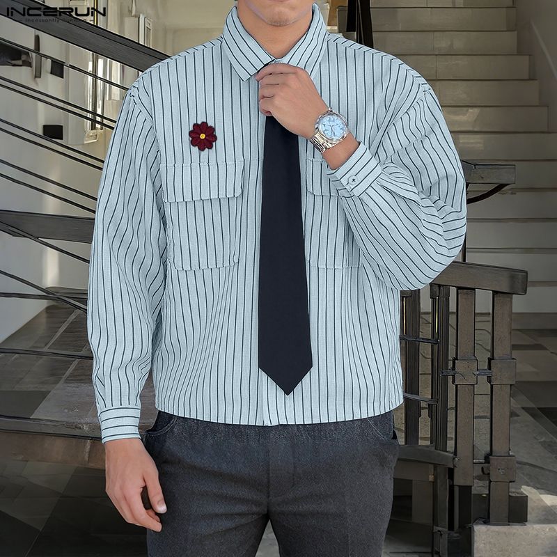 INCERUN Oversized College Style Men Turn-down Collar Tie Long Sleeve Striped Casual Shirts