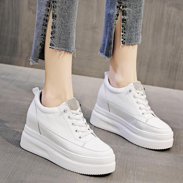 Fashion 8.5cm Platform Wedge Sneakers Height Increased Shoes Genuine Leather for Women Spring Autumn Shoes White