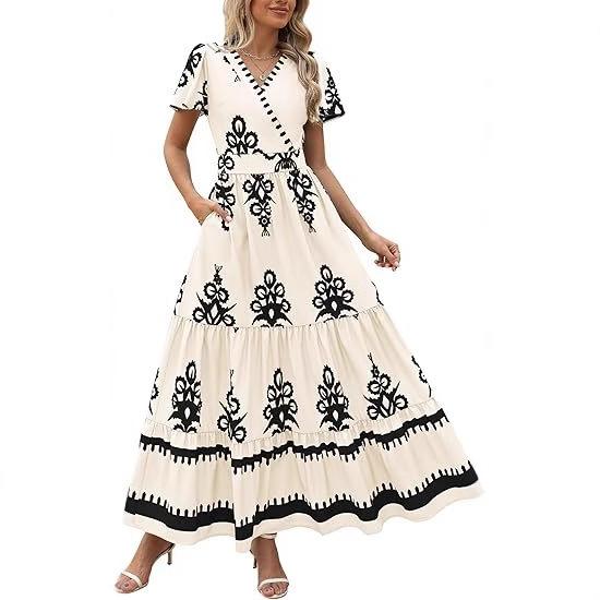 Women's V-neck flared sleeve floral print pocket short-sleeved dress