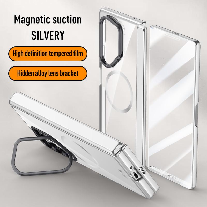 Lens Protect Stand Magnetic Phone Case for Samsung Galaxy Z Fold 6 5G Magsafe Electroplated Hinge Clear Metal Ring Holder Cover