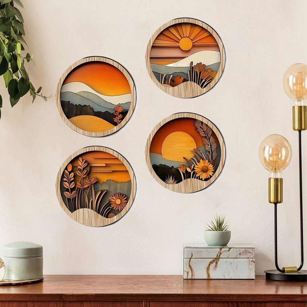 4Pcs Wooden Farmland Scenery Wall Hanging Round Exquisite Background Pendant Bohemian Style Frames Aesthetic Ornament Gift