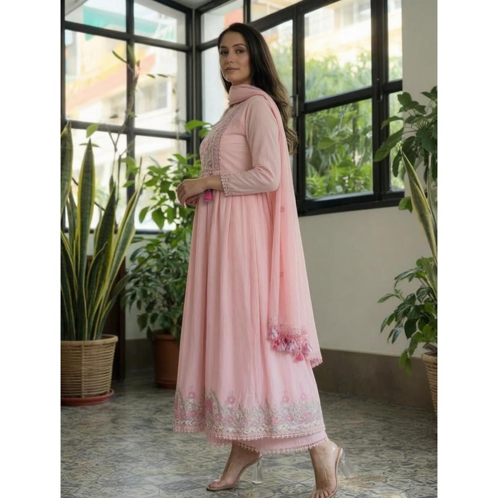 Designer Beautiful Cotton Anarkali Suit Indian Ethnic Kurta Pant Dupatta Set