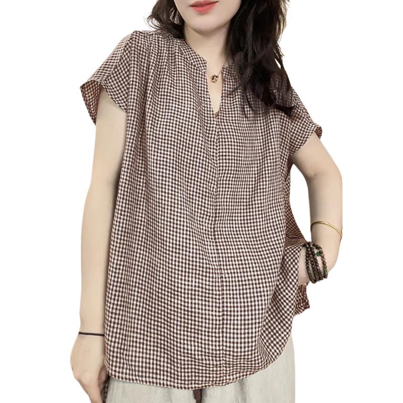 

ZANZEA Women Summer V-Neck Sleeveless Casual Retro Plaid Print Blouse 2XL