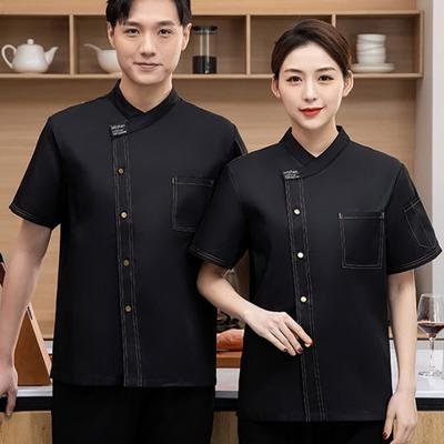 Unisex opstaande kraag korte mouw chef-kok uniform effen kleur enkele rij knopen patch zak restaurant bakkerij ober uniform
