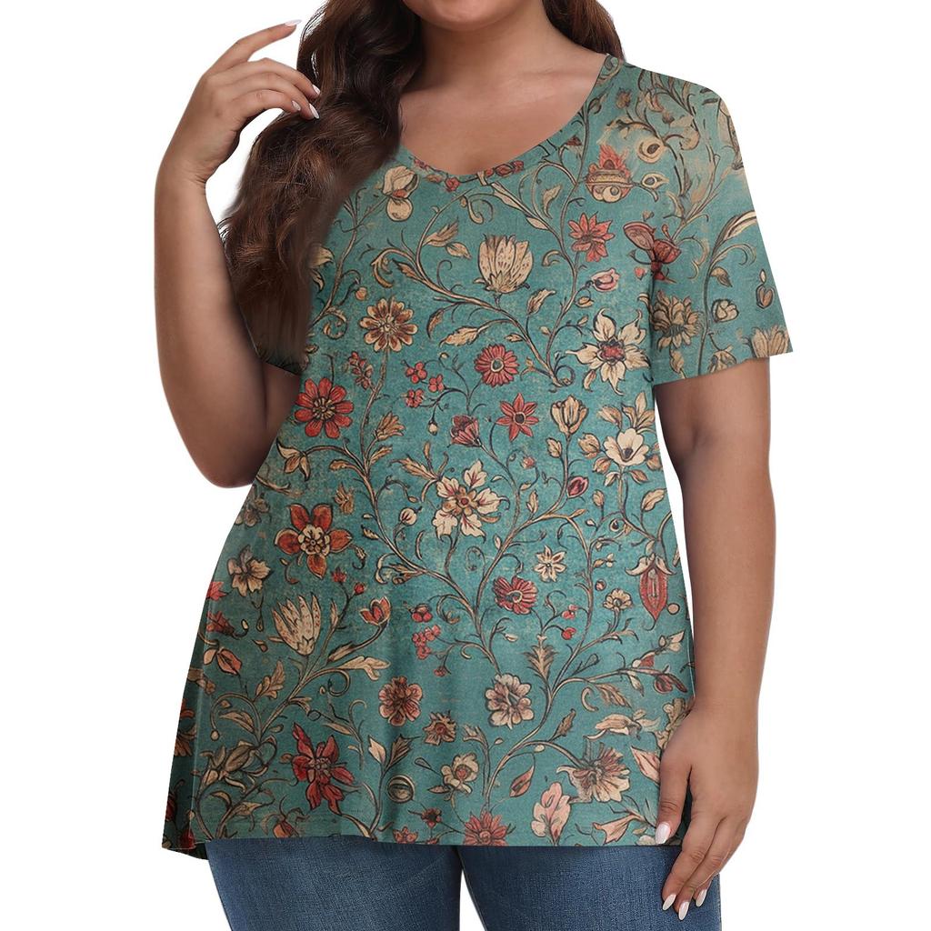 Women's Fashion Casual V-Neck Pullover Short Sleeve Large Size Vintage Printed Top