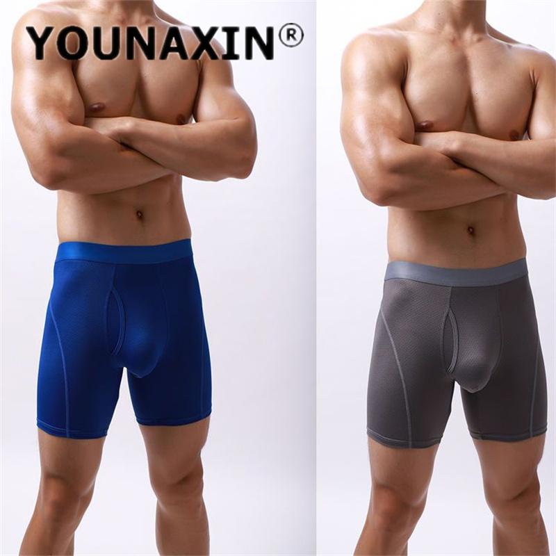 Men's Panties Long Leg Boxer Briefs Ice silk Underwear Shorts Breathable Mesh U-convex Underpants S M L XL