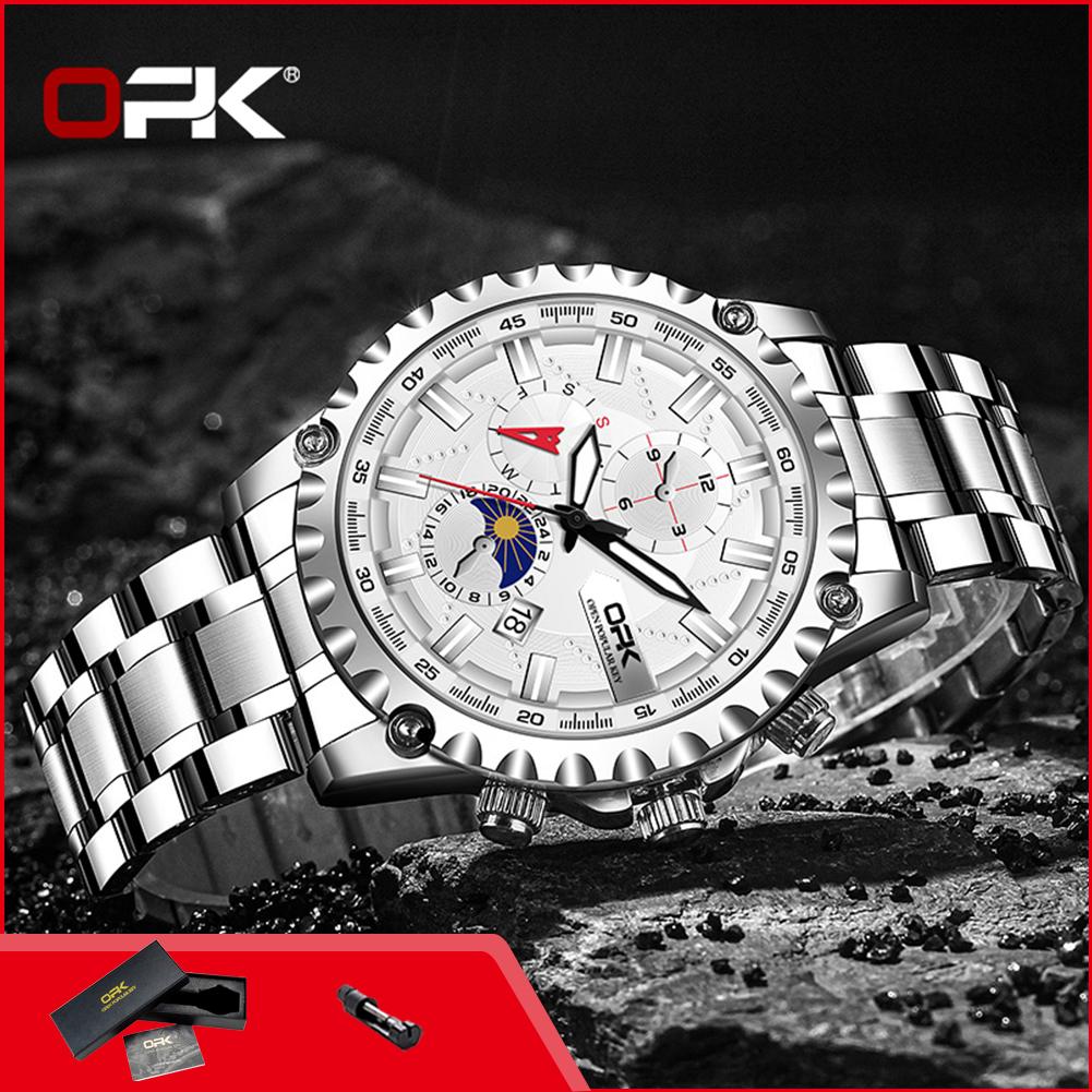 OPK 8129 Fashion Quartz Wristwatch for Man Calendar Luminous 24 Hour Moon Phase Steel Strap Waterproof Classic Men Watch