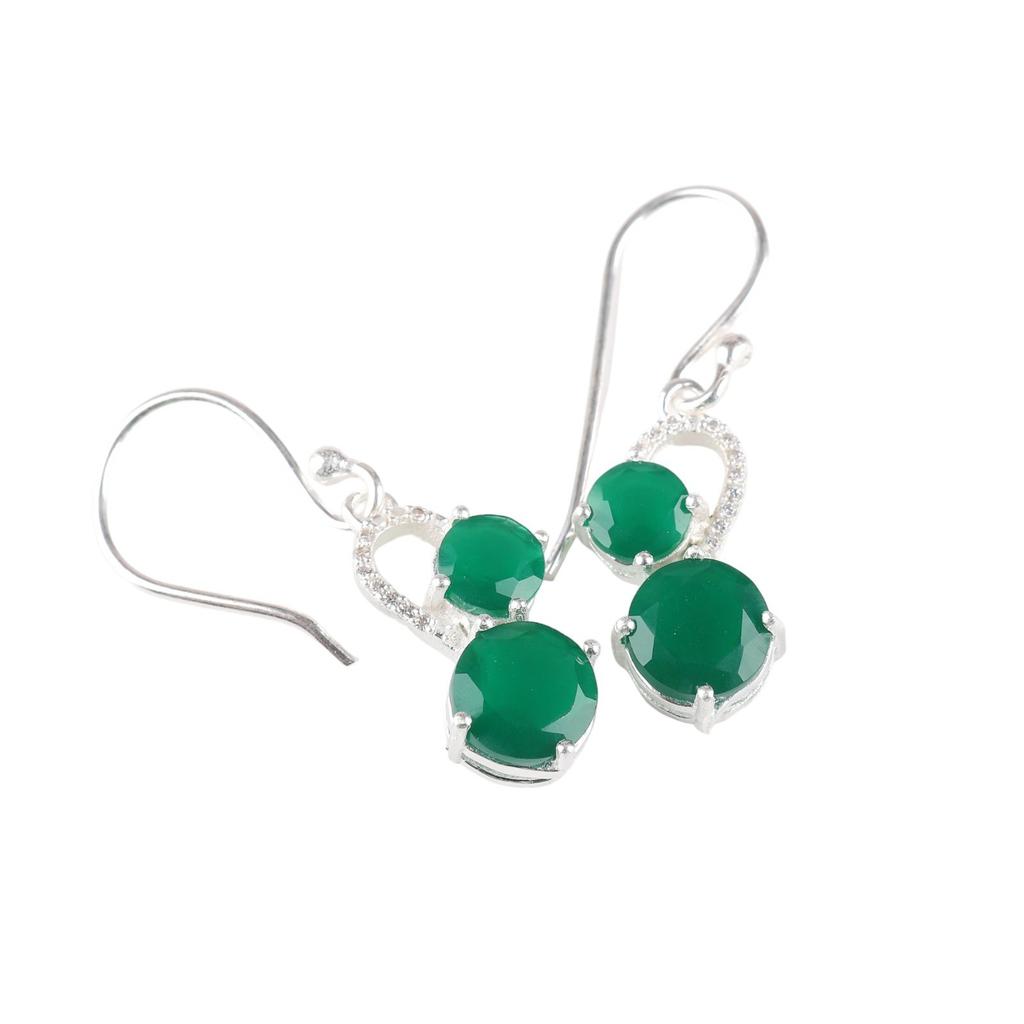 Green Onyx Gemstone 925 Sterling Silver Wedding Jewelry Zircon Earrings 1.38" CZE-3-8