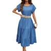 Fashionable and Casual Solid Color Simple Round Neck Short-sleeved Mid-length Dress for Women Without Belt