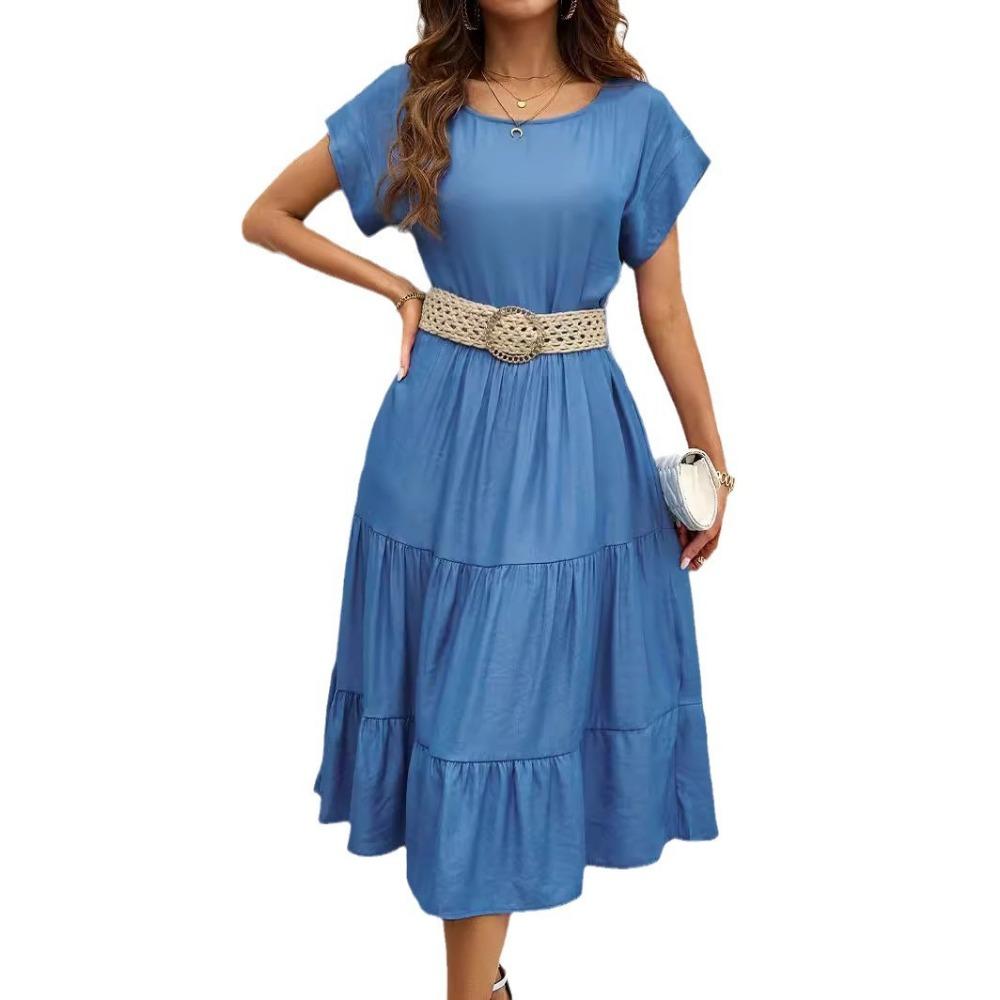 Fashionable and Casual Solid Color Simple Round Neck Short-sleeved Mid-length Dress for Women Without Belt