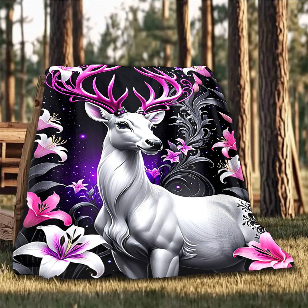 1pc Fantasy Deer Print Throw Blanket Polyester Fiber, Lightweight Flannel, Soft & Warm, All Season Use for Outdoor, Camping Digital Print