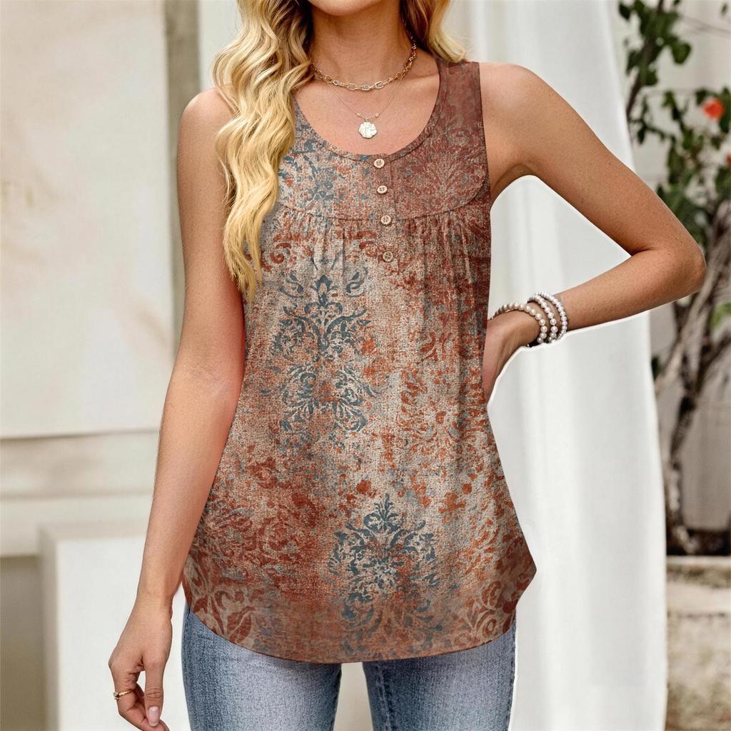 Canottiera da Donna Senza Maniche con Tessuto a Strisce Floreali, Bottoni Frontali, Scollo Rotondo, Vestibilità Larga, Canottiera Casual