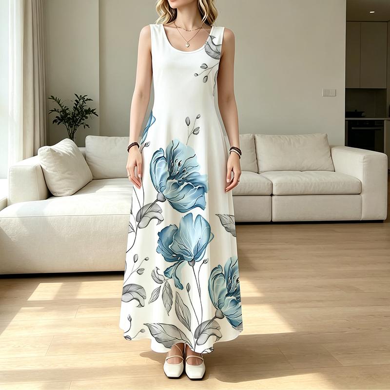 Sleeveless Beach Dress for Women ,Fresh Blue Floral Print,Soft Skin Friendly,Loose Relaxed Fit,Fashion Versatile,Perfect for Daily Outings