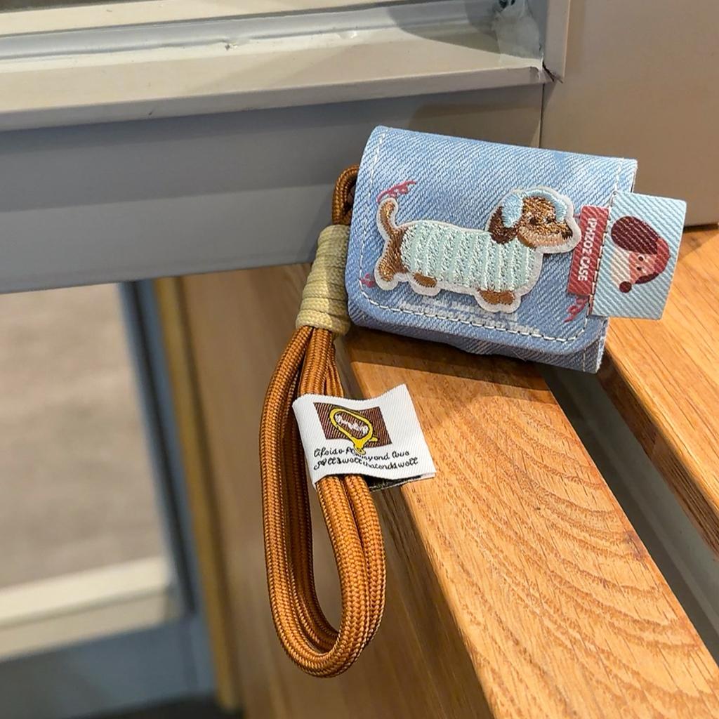 For AirPods 1 2 3 4 Pro 2 Pro 3 Case Cartoon Embroidery Dachshund Dog Denim Pattern Earphone Case Cover Leather with Lanyard