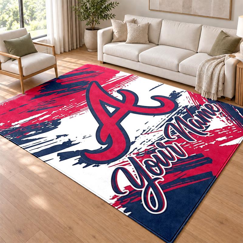 Atlanta Braves Custom Name Personalized Rug Non‑Slip Doormat Floor Carpet Housewarming Birthday Gift for Family Friends
