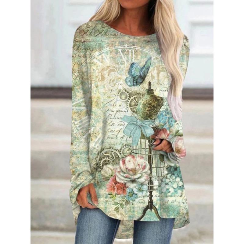Women's printed long-sleeved T-shirt, suitable for spring, autumn and winter seasons. Fashionable and versatile, machine washable.