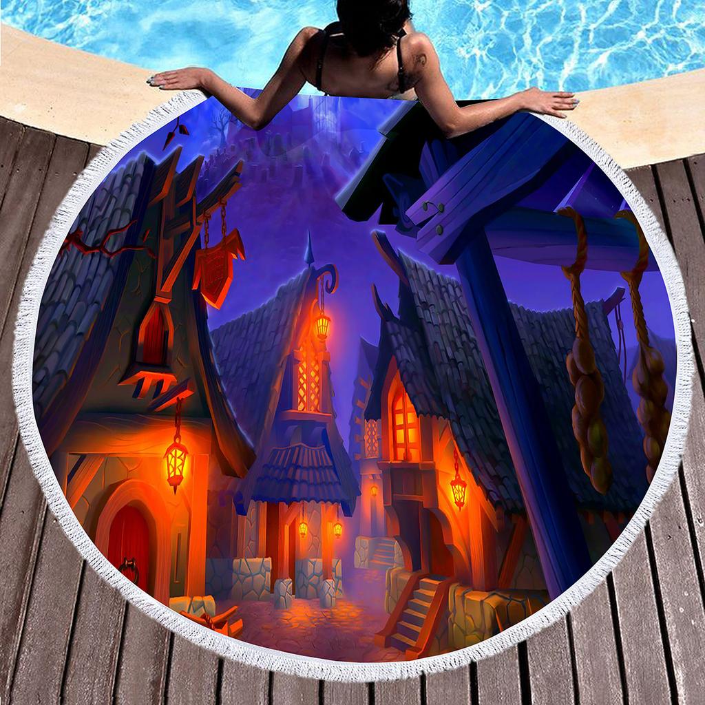 Round Beach Towel,Cartoon Fairy Tale Hedge House Sand Resistant Shawl Beach Blanket,Absorbent Quick Dry Pool Towel Picnic Mat