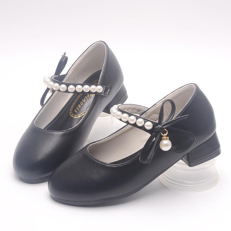 Children's Leather Shoes with White Bows, Spring and Autumn Girls' High-heeled Princess Shoes, Little Girls' Pearl Single Shoes