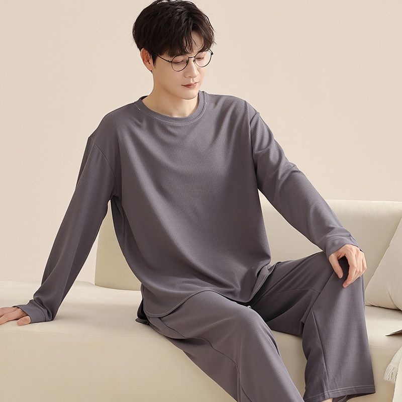 New Men Pajamas Spring Autumn Long-sleeved Sleepwear Winter Cotton Pullover Solid Color Round Neck Casual Homewear Suit