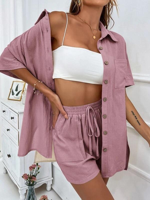 

Women s Casual Summer Outfit Set - Loose Fit Short Sleeve Shirt and Shorts in Multiple Colors S рожевий