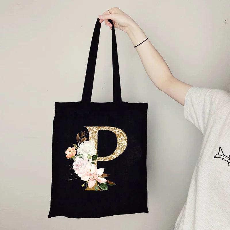 Gold Letter Flower Canvas Bag Women's Shopping Bag Reusable Large Capacity Portable Handbag Harajuku Student Shoulder Bag