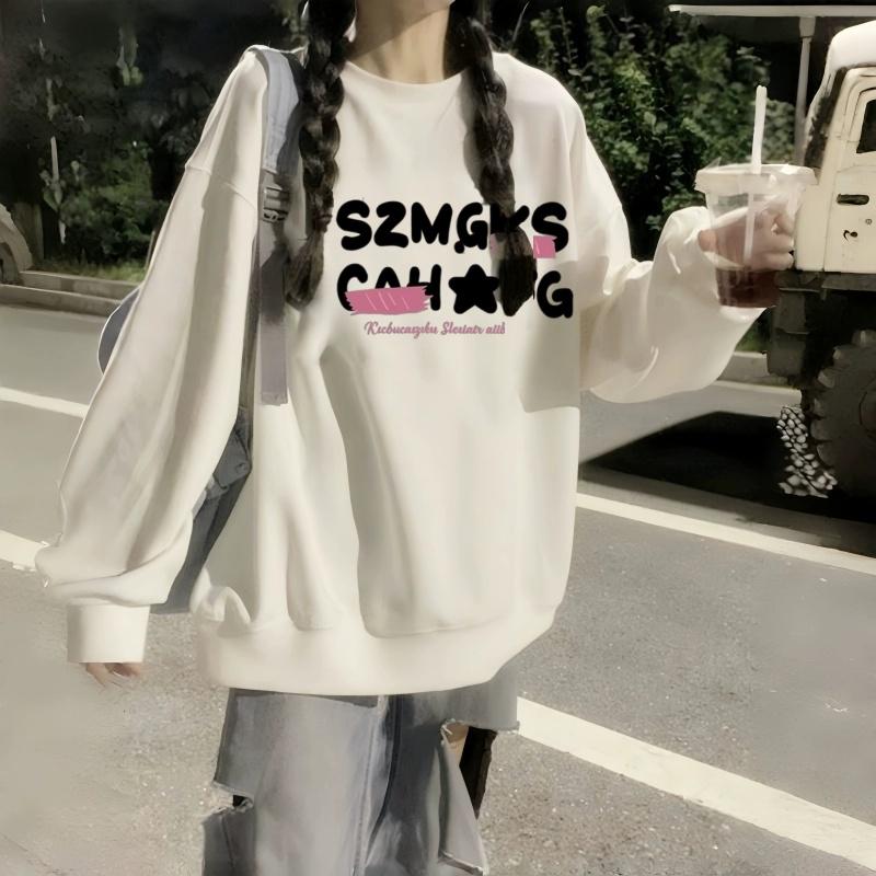 Spring 2025 Girls' Cotton Crew Neck Fleece Sweatshirt, Big Kids, Middle & High School, Loose Fit, Long-Sleeved, No Hood