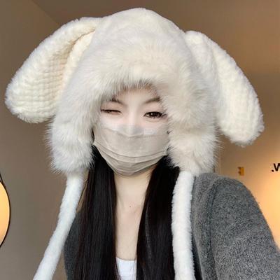 Otoño e invierno orejas de conejo peludas y lindas niños cálido protección de orejas sombrero tocado sombrero para el frío sombrero grueso de punto