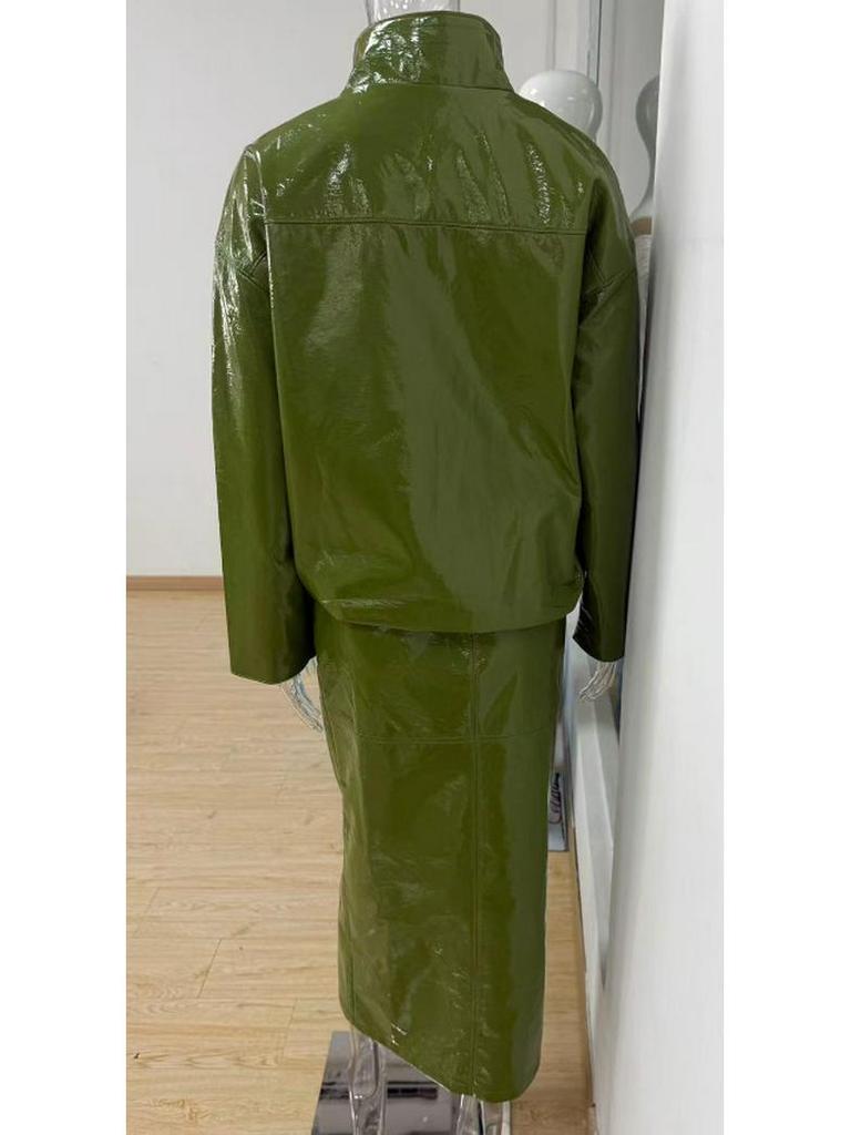 Ensemble Veste Col Montant en Cuir PU et Jupe Mi-longue pour Femmes Automne/Hiver 2025 - Bestseller Couleur Unie