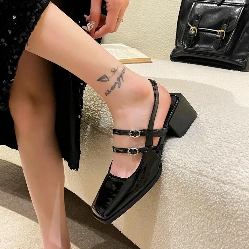 Fashion 2024 New Spring Faux Patent Finish High-heel Shoes with Straps Slingback Fashion Pumps for Women Square Toe Block